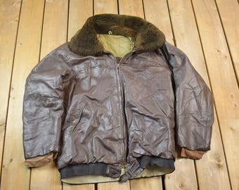 Vintage 1990s Brown Leather Bomber Shearling Collar Jacket Made In USA