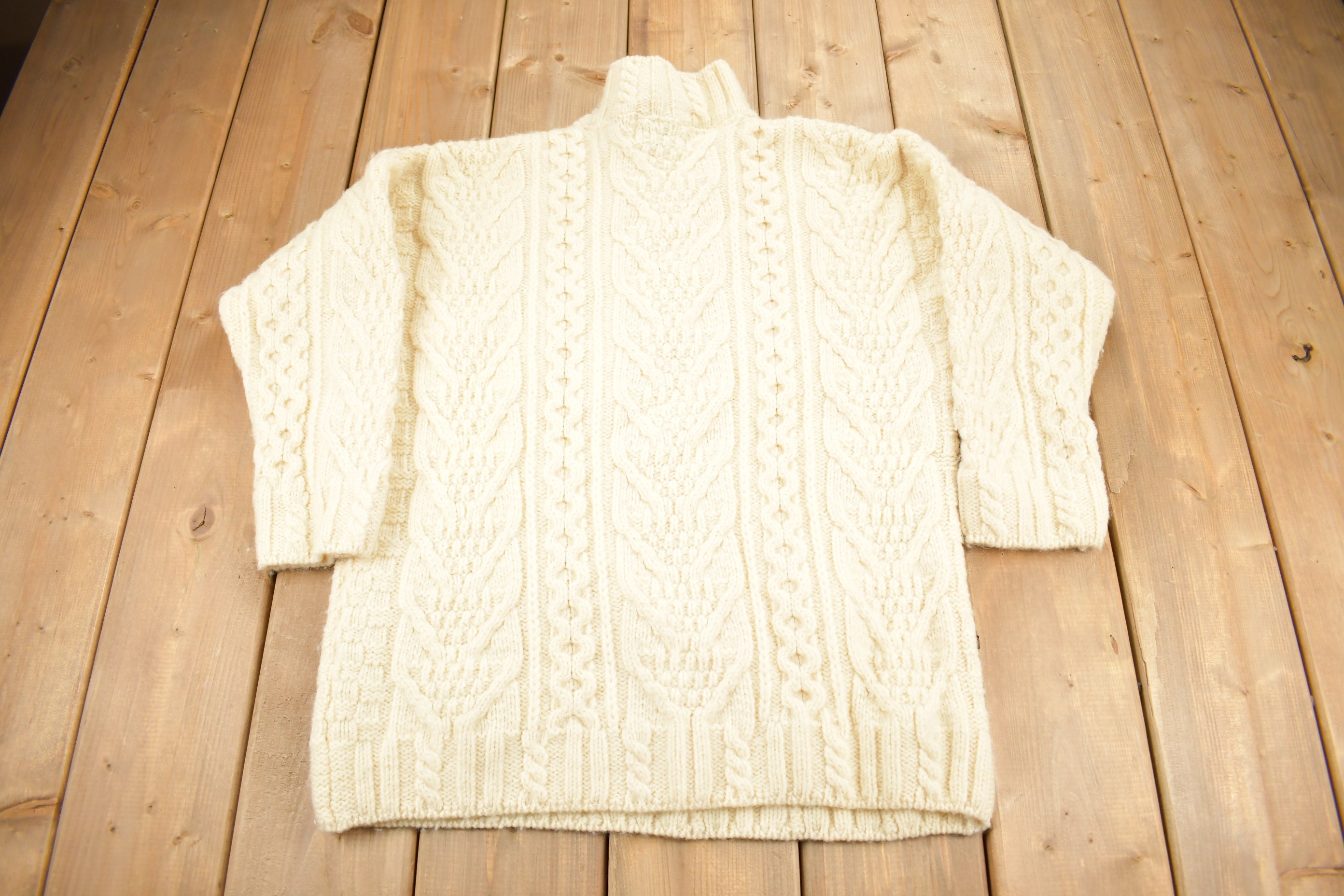 Vintage 1990s Aran Crafts 100% Merino Wool 3D Cable Knit