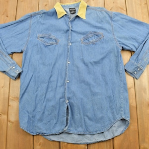 Vintage 1990s Outline Denim Button Up Shirt / 1990s Button Up / Outdoorsman / Corduroy Collar / Casual Shirt / Blank Button Up