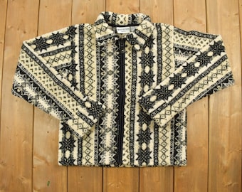 Vintage 1990s Whitefish Bay Fleece Zip Up Sweater / Vintage 90s / All Over Pattern / Abstract Sweatshirt / Aztec