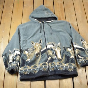 Vintage 1990s All Over Print Horses Medium Weight Fleece Hooded Zip Up Jacket