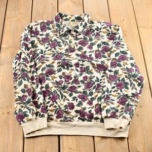 Vintage 1990s Teddi Floral Print Knit Long Sleeve Sweater Polo / 90s Polo / Preppy Style / Size L / Vintage Teddi