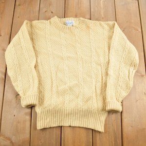Vintage 1990s 3D Cable Knit Sweater / Size Small / 100% Wool Sweater / Blank Sweater
