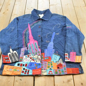Vintage Jeansjacke mit besticktem City-Skyline-Motiv von The Quacker Factory aus den 1990er Jahren, Damengröße XL / Streetwear der 90er