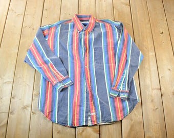 Vintage 1990's American Eagle Striped Button Up Western Shirt Made In USA / Loop Button / Outdoor / Casual Wear Flannel