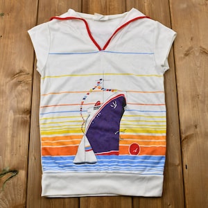 Vintage 1970s Sailor Collar Sunset Yacht Graphic Jersey-Knit T-Shirt / Americana / American Vintage / Retro Style / Beachwear / Summer