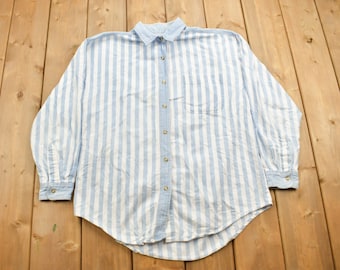 Vintage 1990s Details Sportswear Striped Button Up Shirt / 1990s Button Up / Vintage Button Up / Basic Button Up