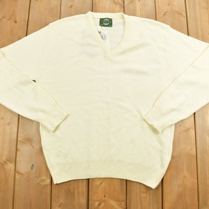Vintage 1990s Beige Jantzen Knit Deep-V Sweater / Vintage 90s V-Neck / Colorful Sweatshirt / Blank Sweater/ V-Neck Sweatshirt / Deadstock