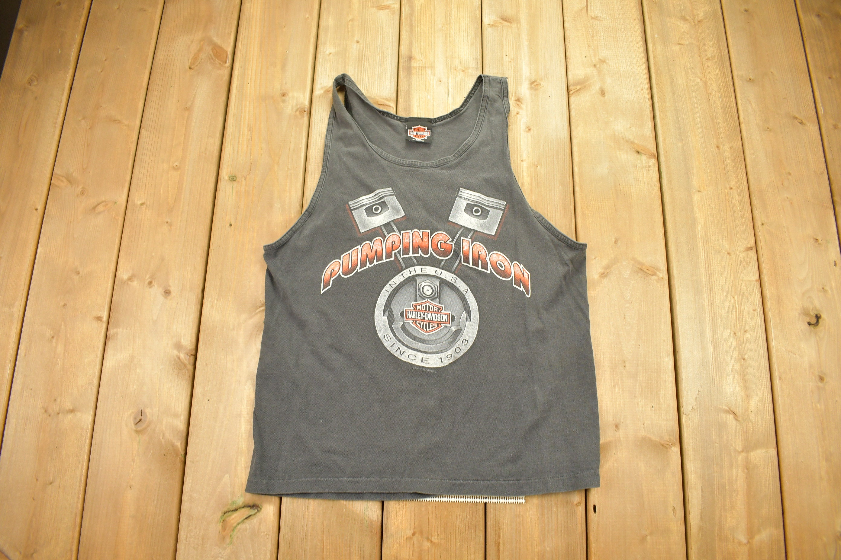 Vintage 1990s Harley Davidson Pumping Iron Tank Top Shirt Mens M / Big Twin Aruba / Bald Eagle Print / Streetwear Fashion Made In USA