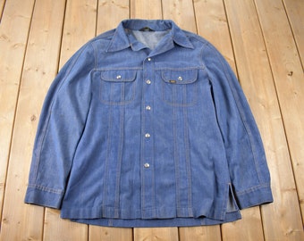 Vintage 1970s Lee Western Style Pearl Snap Button Up Denim Shirt Made in USA Size L