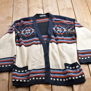 Vintage 1990s 100% Acrylic Knitted Patterned Cardigan Sweater / Vintage Cardigan / Button Up / Abstract Pattern / Aztec theme Cardigan