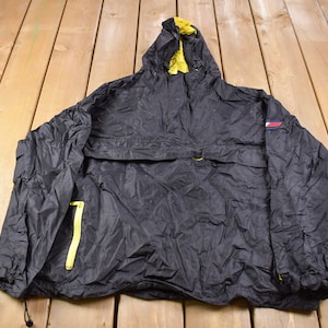 Vintage 1990s Tommy Hilfiger Mesh Lined Hooded Windbreaker / Vintage Tommy / Outerwear Jacket / Tommy Flag Patch  / Large Print Logo
