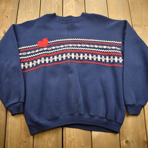Vintage 1990s Cut And Sew Embroidered Pattern Crewneck / Love & Hearts Sweatshirt / Hanes Activewear / Pullover Sweatshirt