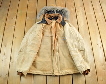 Vintage 1990s Carhartt Hooded Jacket Men's 44 / Distressed Sun Faded / Beige Tan Workwear Coat