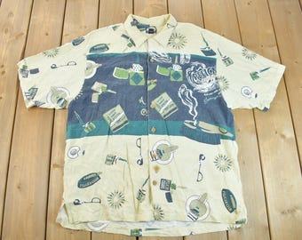 Vintage 1990s Tommy Bahama Pelican Cigars Button Up Shirt / All Over Print / Casual Shirt / Formal Shirt / Beach Themed / Size L