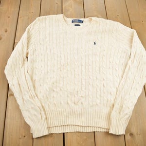 Vintage 1990s Polo Ralph Lauren White V-Neck Knit Sweatshirt / 90s Crewneck / Small Pony / Streetwear / Vintage Polo