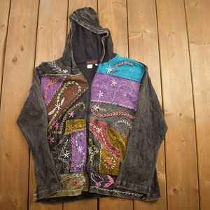 Vintage jaren 90 Rising Tide patchwork hoodie / jaren 90 hoodie / vintage trui / kleurenblok / geborduurd / abstract patroon / kleurrijk