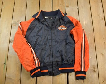 Vintage 1990s Harley Davidson Embroidered Motorcycle Satin Nylon Bomber Jacket