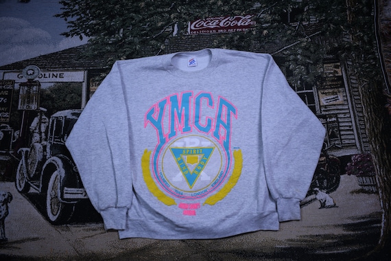 1980s Crewneck / YMCA Neon Spell Out Print / Vinta