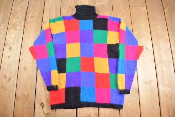 Vintage 1980s Variations Rainbow Checker Knit Sweater / 80s Turtle 