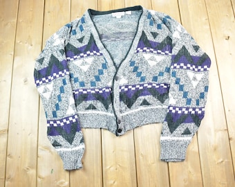 Vintage 1990s Campus Abstract Pattern Quarter Button Knit Cardigan Sweater / purple Cardigan / 90s Cardigan