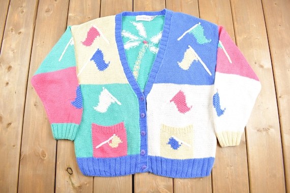 Vintage 1990s Golf Theme Knitted Cardigan Sweater / Cute Vintage 1990s Golf Theme Knitted Cardigan Sweater / Cute