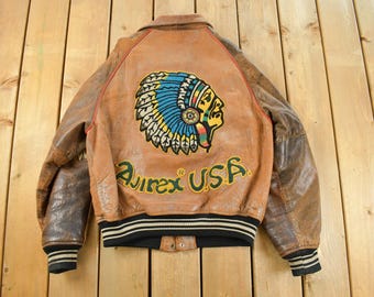 Vintage 1990s Avirex USA Native Tribal Leather Varsity Jacket Men's Medium / Avirex Jacket / Patchwork / Tribal Chief Aztec Navajo
