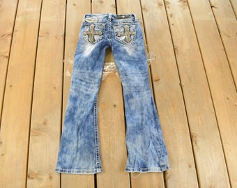 Vintage Y2K Miss Me Bedazzled Low Rise Jeans Women's 23 x 25 / Bootcut / 2000's Embroidered Contrast Stitched Denim