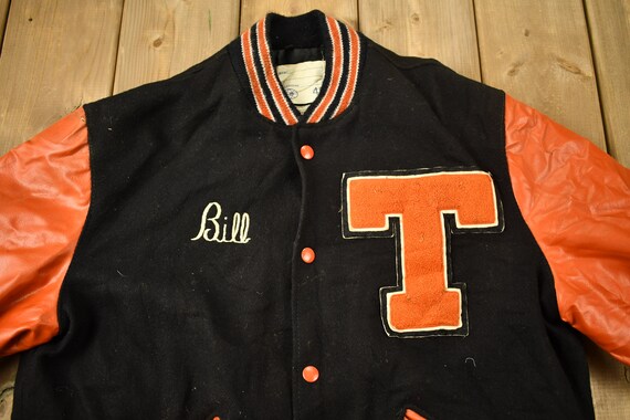 Vintage 1980s Orange & Black Leather Varsity Jack… - image 3