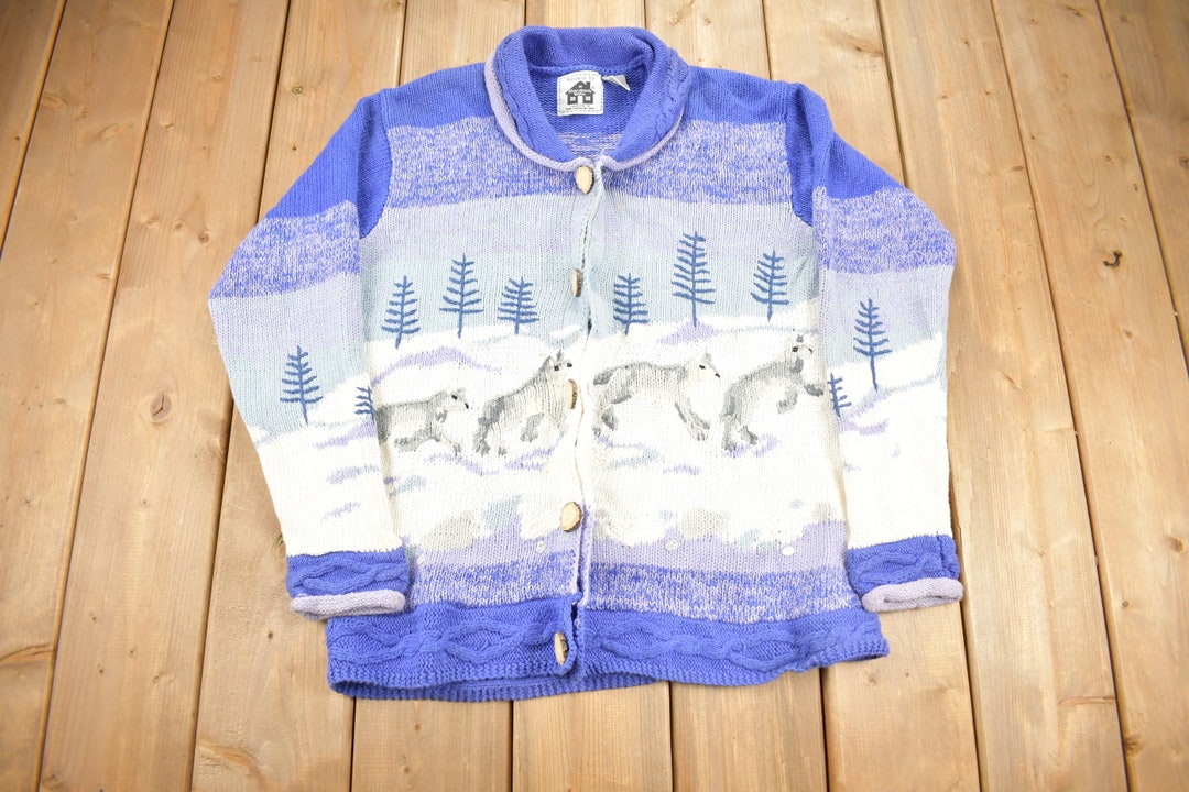 Vintage 1990s Storybook Knits Wolf Theme Knit Cardigan Sweater ...