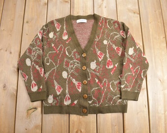 Vintage 1980s All Over  Geometric Pattern Knitted Cardigan Sweater / Button Up Abstract Pattern