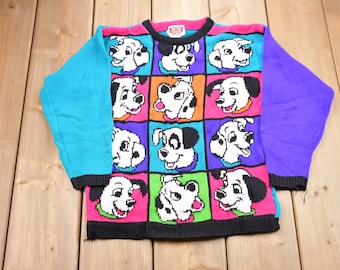 Vintage 1990s 101 Dalmatians Kids Size Knitted Sweater / Vintage 90s Crewneck / Pattern Sweater / Made In USA / Pullover Sweatshirt