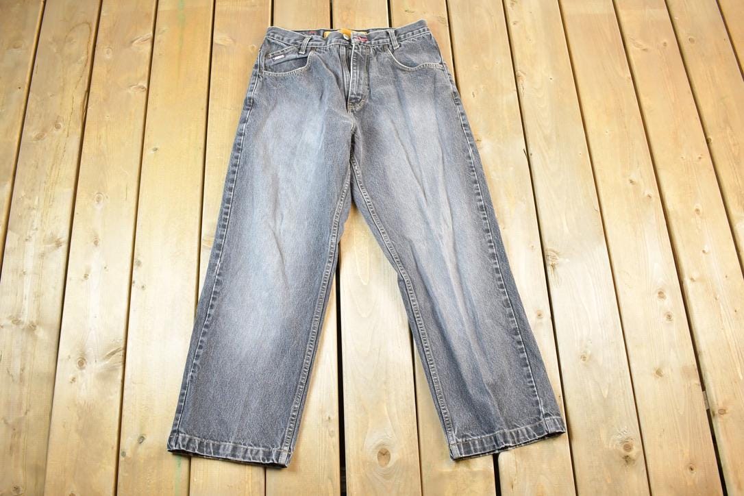 USA 古着 デニムパンツ mecca ワイド baggy アメカジ グランジ improves デニムパンツ メンズ レディース プリント使いロール