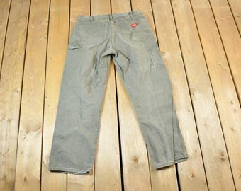 Vintage 1990s Dickies Olive Denim Work Jeans Size 36 x 32 / 90s Carpenter Pants / Made In USA / Distressed Carhartt / Vintage Workwear