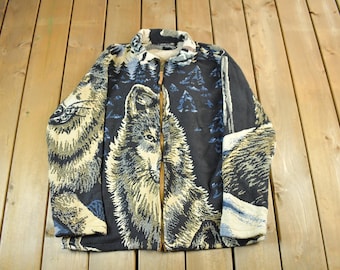 Vintage 1990s Wolf Theme Graphic Sweater Jacket Adult XL / Zip Up / Heavy Sweater / Horses Equestrian / Athleisure / 90s Majestic Wolf