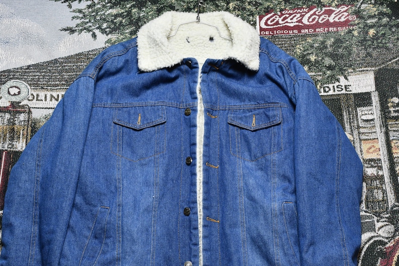 Vintage Denim Sherpa Lined Overcoat Jacket Formal Dress Winter Wear Workwear Streetwear