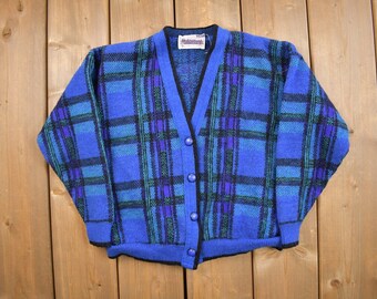 Vintage 1980s Pendleton 100% Pure Wool Plaid Knitted Cardigan / Blue / Made In USA / Button Up / Sweatshirt / Formal