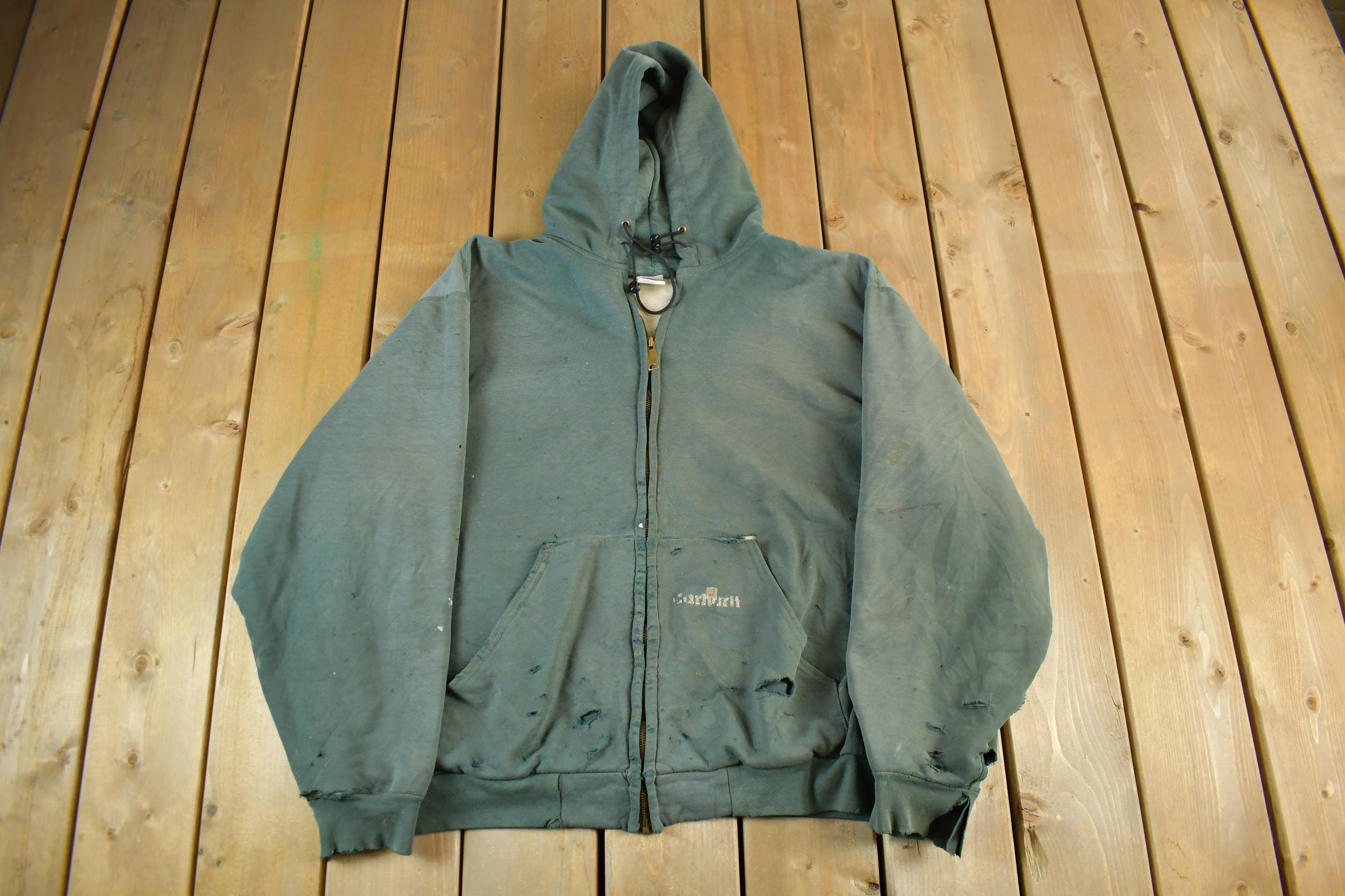Vintage 1990s Carhartt Thrashed Sun Faded Zip up Thermal Hoodie