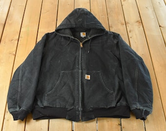 Vintage 1990s Carhartt Canvas Hooded Jacket Men's XL / Distressed Sun Faded Work Wear / 90s Americana / Made in USA