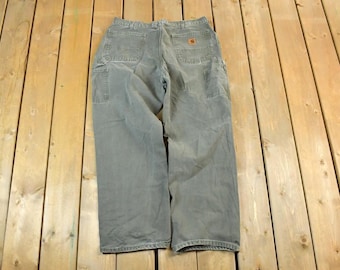Vintage 1990s Olive Carhartt Wide Leg Denim Work Pants Size 38 x 32 / Carpenter Pants / Made In USA / Distressed Carhartt / Vintage Workwear