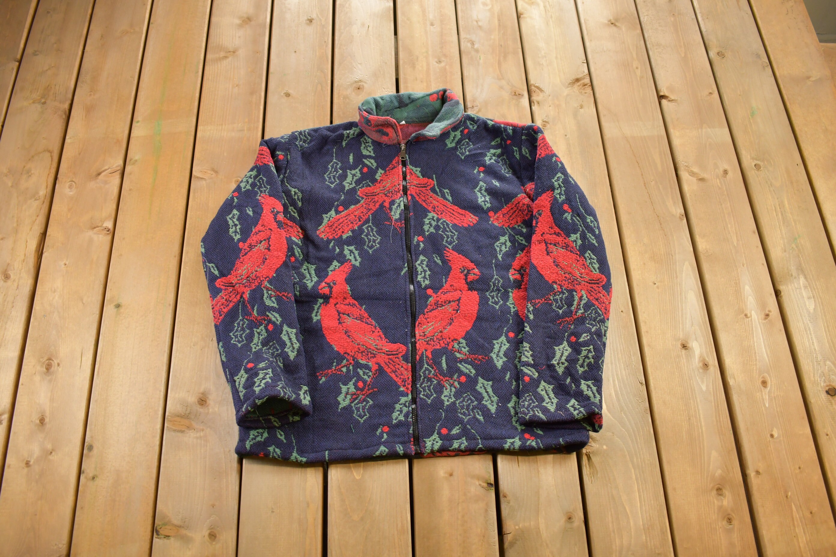 Vintage 1990s Cardinal Themed Quilt Jacket / Vintage 90s Zip up 