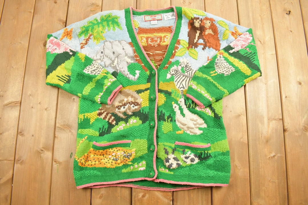 「かわいい～！」 Vintage Cardigan Knit Hand Theme Animal Bay Cardigan 1990s トップス