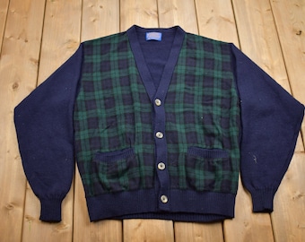Vintage 1990s Pendleton 100% Wool Knitted Cardigan / Vintage 90s Cardigan / Pattern Sweater / Hand Knit / 90s Wool Pendleton / Plaid Knit