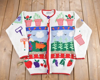 Vintage 1990s Belle Point Gardening Theme Knit Cardigan Sweater / Vintage Cardigan / Button Up / Patchwork / Embroidered