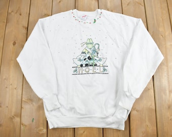 Vintage 1990s Noel Rabbit and Ducks Christmas Sweater / Cute / 90s Holiday Crewneck / Winter Wear / Festive Graphic Print / Grandma Sweater