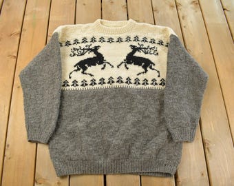 Vintage 1990s Reindeer Wool Knit Crewneck Sweater Men's Large / 90s Sweatshirt / Outdoorsman / Wilderness / Cowichan