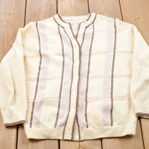 Vintage 1980s Fully Fashioned Plaid Knitted Cardigan Sweater / Vintage Cardigan / Button Up / Blank Cardigan / Simple Style / 80s Cardigan