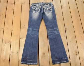 Vintage Deadstock Y2K Miss Me Bedazzled Low Rise Jeans Women's Size 26x31 / Boot Cut Jeans / 2000's Embroidered Contrast Stitched Denim