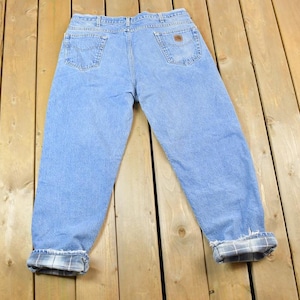 Vintage 1990s Carhartt Lined Denim Work Jeans Size 40 x 32 / 90s Carpenter Pants / Made In USA / Distressed Carhartt / Vintage Workwear