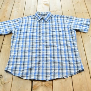 Vintage 1990-tals Wrangler Western Rutig Pärlskjorta med Tryckknappar Kortärmad Skjorta Herr XL / Friluftsliv / Rancher Cowboy / Cowboyskjorta / Americana